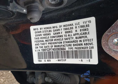 2016 Honda Civic Ex from USA, damaged, VIN 19XFC2F74GE003664